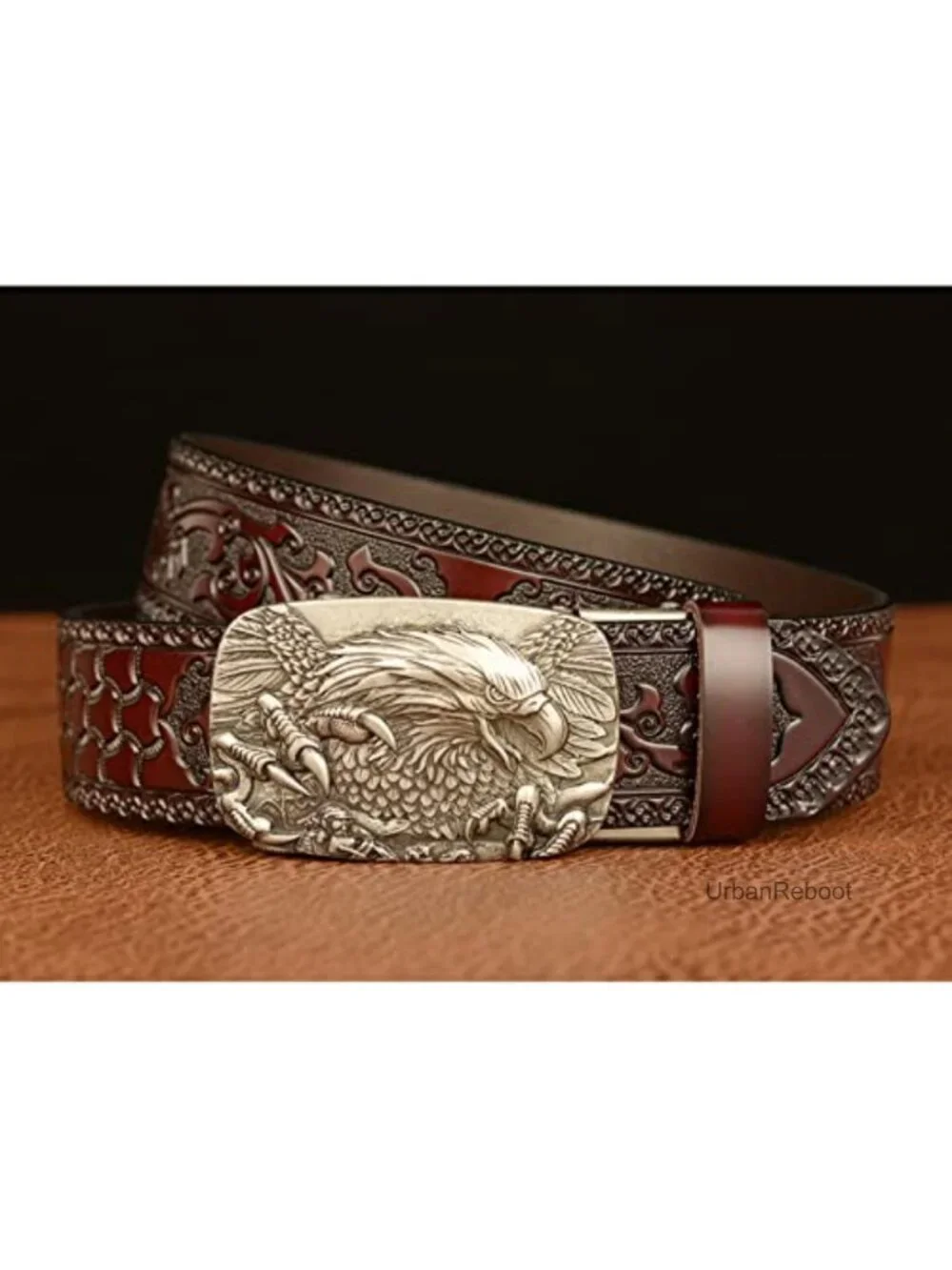 Genuine Leather Men's Ratchet Belt with 3D Eagle Sliding Buckle, Vintage